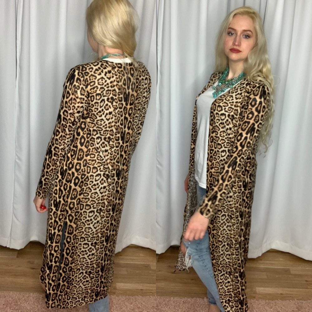 NWT Umgee Jaguar Print Open Front Long Body Cardigan with Side Slits - Picture 9 of 11